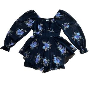 Black Floral Off-Shoulder Romper | Long Sleeve Ruffle Hem | Girls